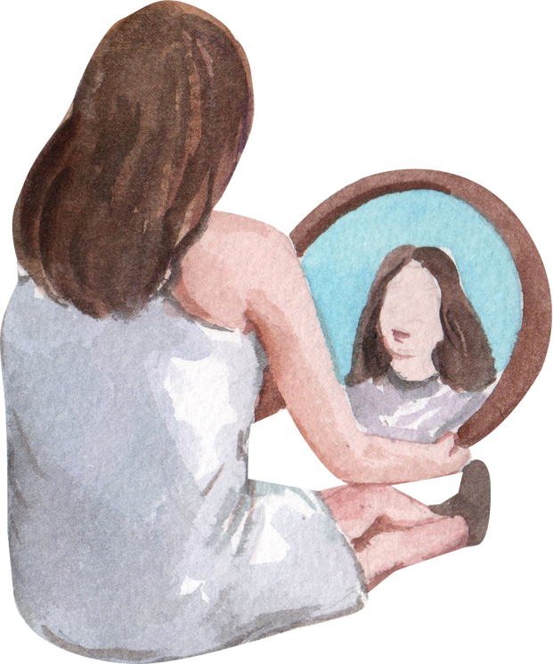 Woman Looking at Mirror Watercolor 